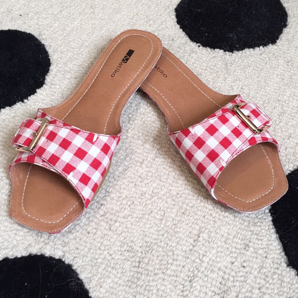 Matiko Red/White Gingham Slide Sandals